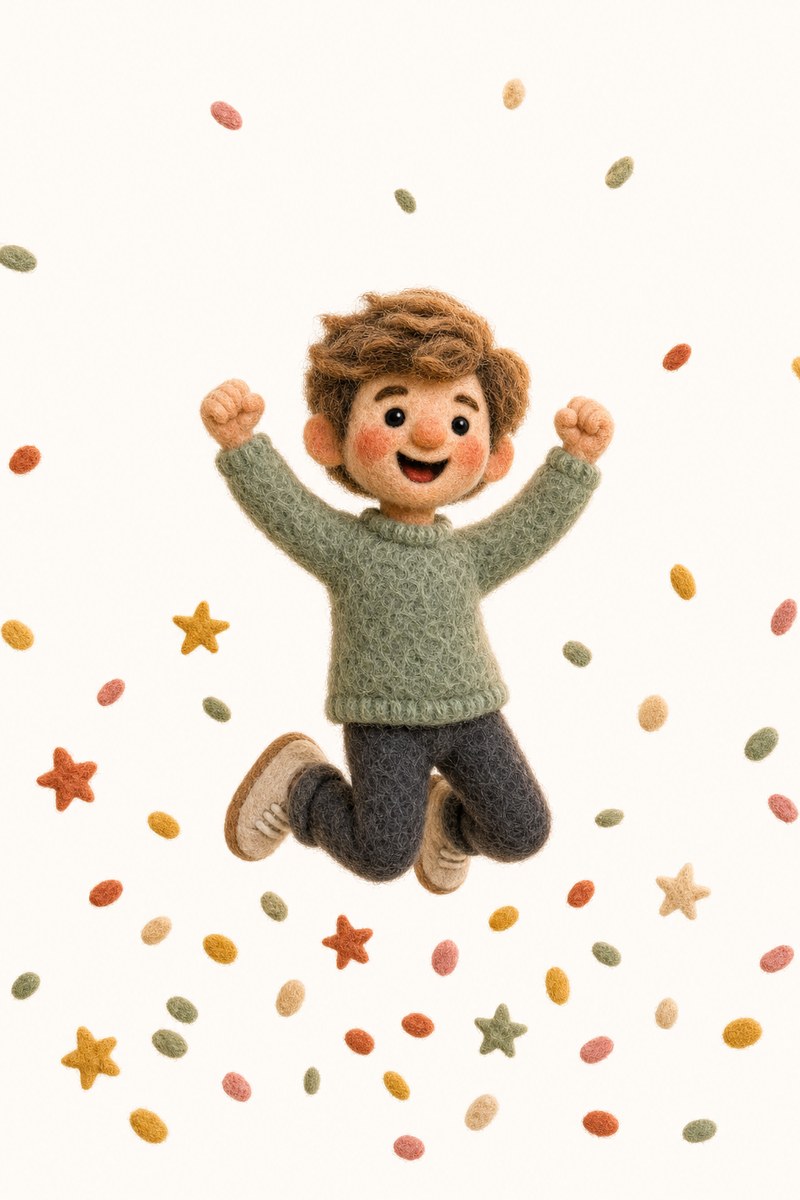 A small felt figure jumping for joy among felt confetti.